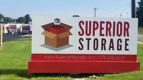 View of signage at Farmington, AR Superior Storage facility.
